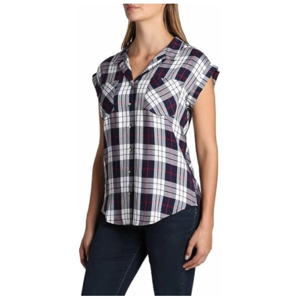 Jachs Girlfriend Womens M Shirt Plaid Sleeveless Button Up Blue White